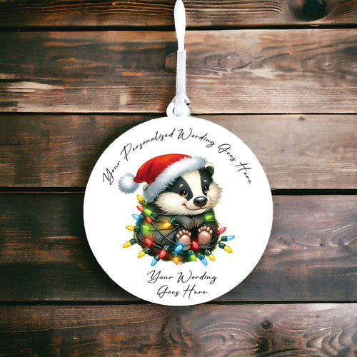 UV902 - Acrylic and UVDTF Personalised Round Hanging  - Christmas Animal Tangled Lights - Badger 1 - Olifantjie - Wooden - MDF - Lasercut - Blank - Craft - Kit - Mixed Media - UK