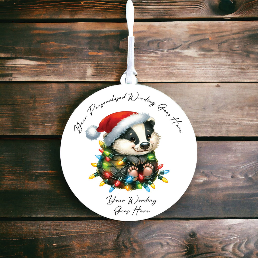 UV902 - Acrylic and UVDTF Personalised Round Hanging  - Christmas Animal Tangled Lights - Badger 1 - Olifantjie - Wooden - MDF - Lasercut - Blank - Craft - Kit - Mixed Media - UK