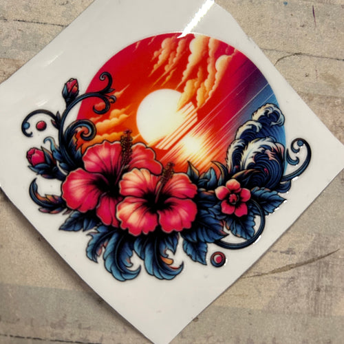 UV299 - UVDTF - Tattoo style Hibiscus and Sunset - tropical theme - Olifantjie - Wooden - MDF - Lasercut - Blank - Craft - Kit - Mixed Media - UK