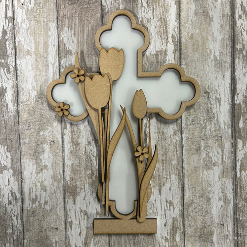 OL4651- MDF and Acrylic Cross - Freestanding or Hanging/no holes - Acrylic white, or clear or MDF Cross - Tulip - Olifantjie - Wooden - MDF - Lasercut - Blank - Craft - Kit - Mixed Media - UK