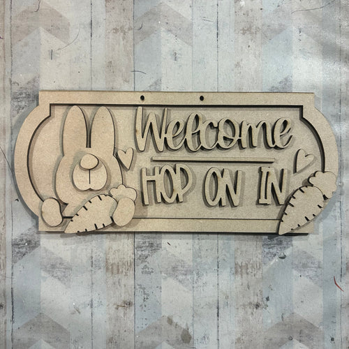 NO625 - MDF Bunny Hop on in 25cm Street Sign - Olifantjie - Wooden - MDF - Lasercut - Blank - Craft - Kit - Mixed Media - UK