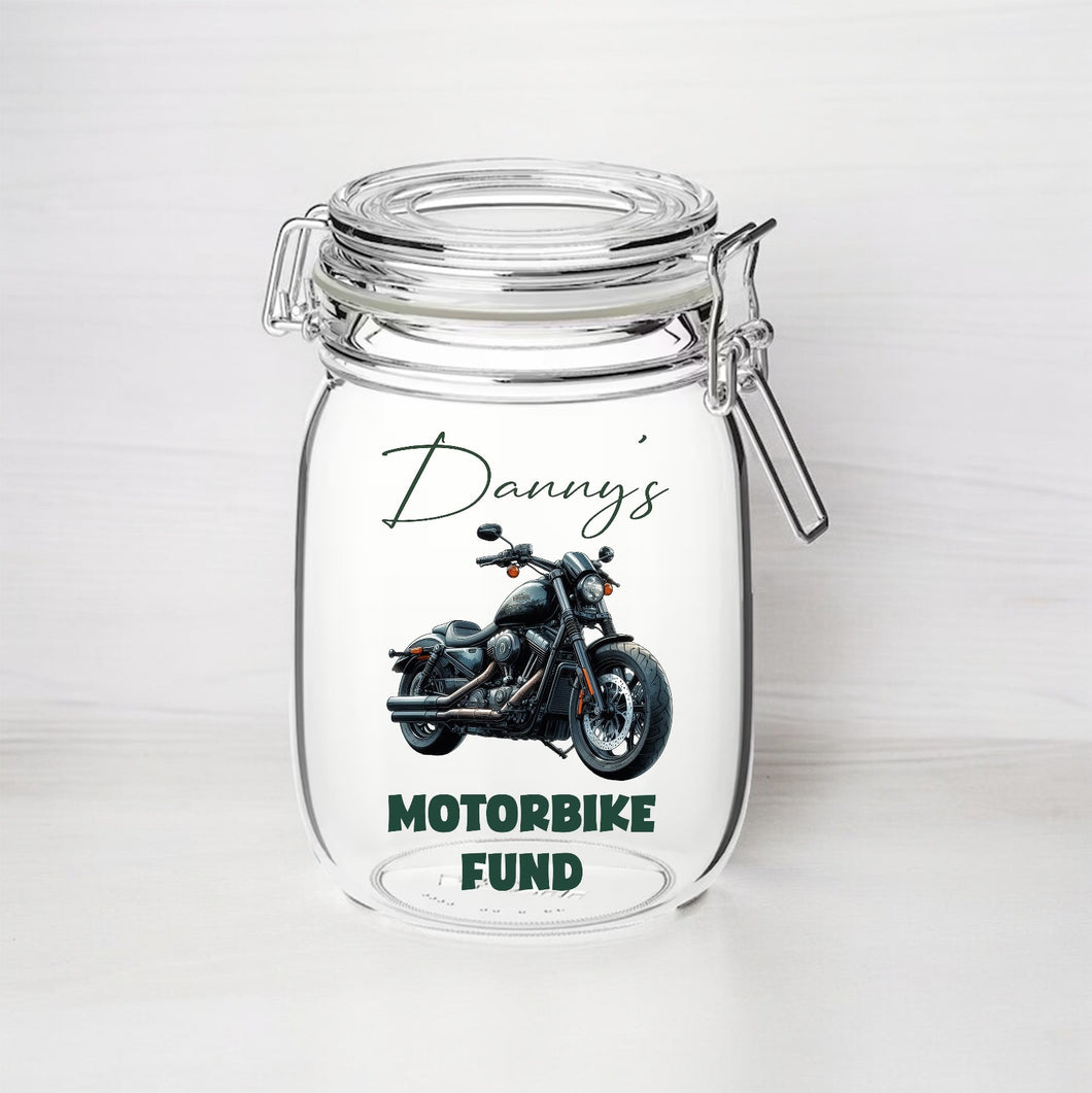 UV249 - Personalised Fund Jar UVDTF Decal - Motorbike Fund - Olifantjie - Wooden - MDF - Lasercut - Blank - Craft - Kit - Mixed Media - UK