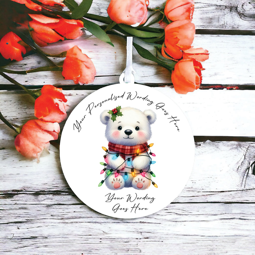 UV956 - Acrylic and UVDTF Personalised Round Hanging  - Christmas Animal Tangled Lights - Polar bear 2 - Olifantjie - Wooden - MDF - Lasercut - Blank - Craft - Kit - Mixed Media - UK