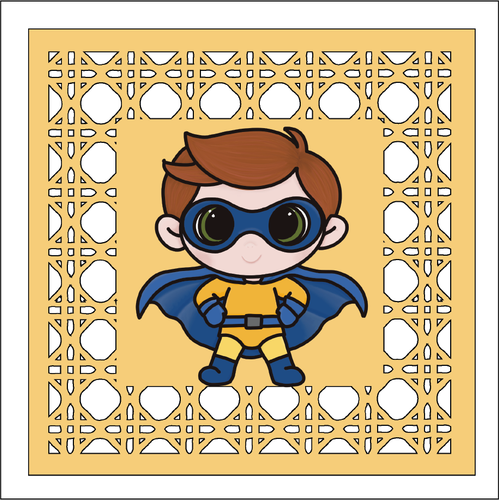 OL5896 - MDF Rattan effect square plaque with backing Superhero doodle - 3 - Olifantjie - Wooden - MDF - Lasercut - Blank - Craft - Kit - Mixed Media - UK