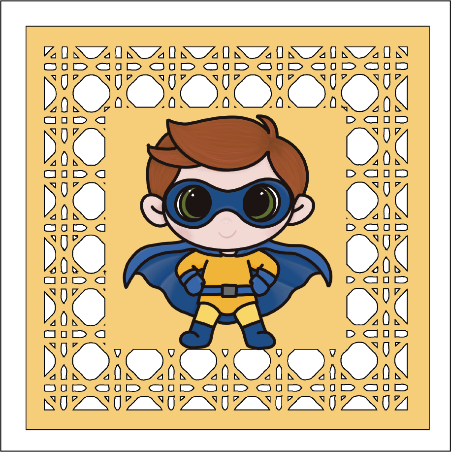 OL5896 - MDF Rattan effect square plaque with backing Superhero doodle - 3 - Olifantjie - Wooden - MDF - Lasercut - Blank - Craft - Kit - Mixed Media - UK