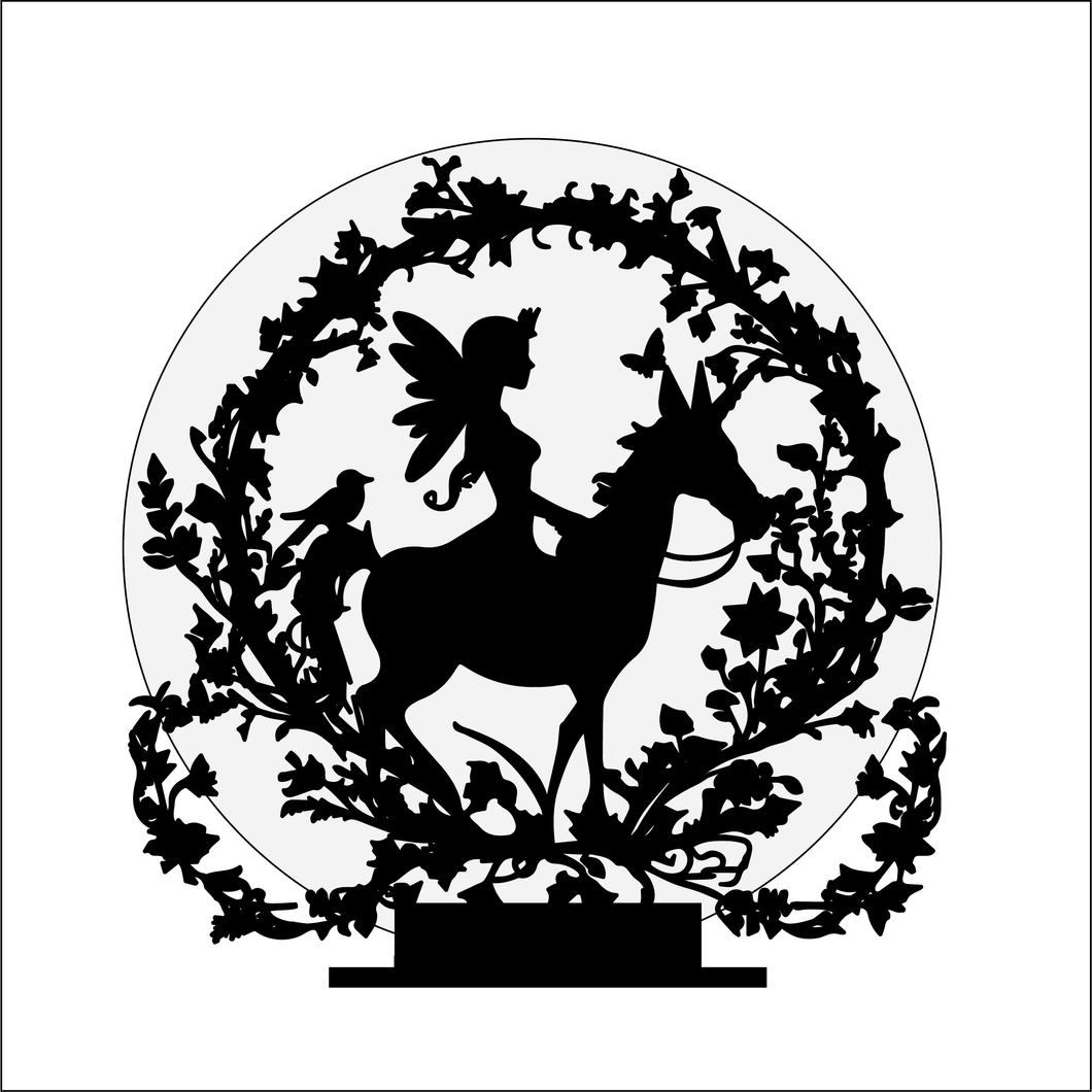 OL4951 - MDF Fairy Unicorn Silhouette Themed Circle - Freestanding or Hanging/no holes - Acrylic white, or clear or MDF Circle - Olifantjie - Wooden - MDF - Lasercut - Blank - Craft - Kit - Mixed Media - UK