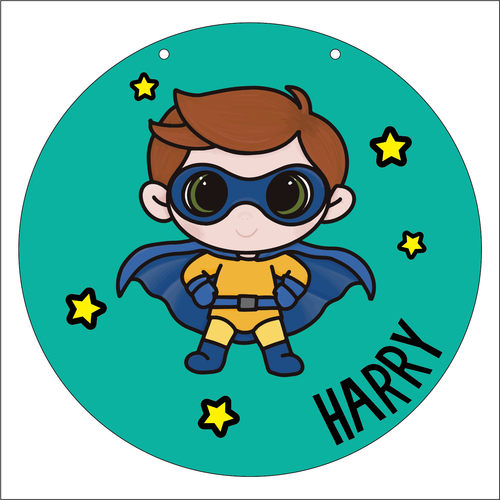 OL5921 - MDF Layered Personalised Round Doodle plaque large - Super Hero 3 - Olifantjie - Wooden - MDF - Lasercut - Blank - Craft - Kit - Mixed Media - UK