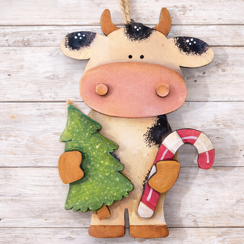NO814 - MDF Cow holding tree hanging Christmas decoration - 2 sizes