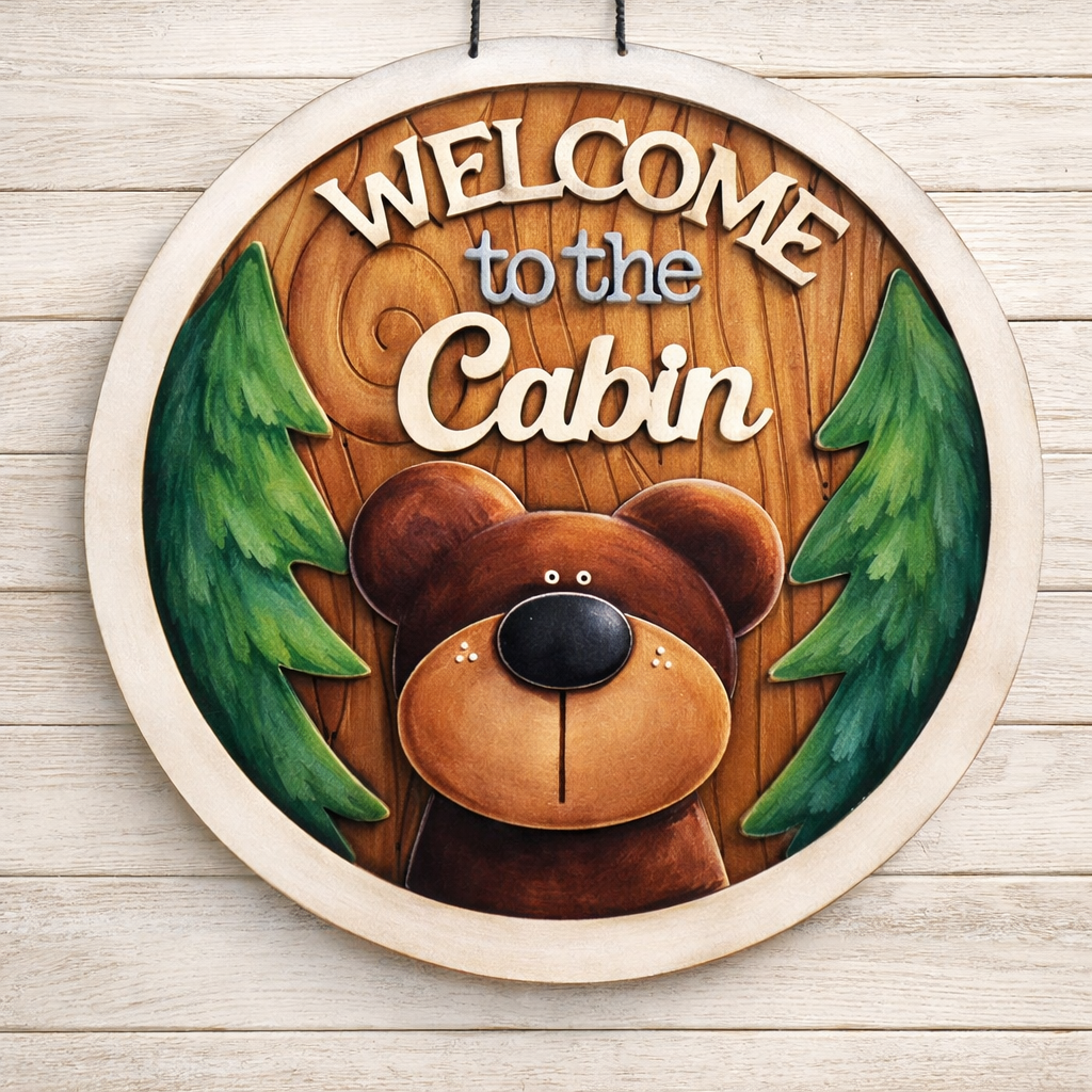 NO829 - MDF Round Welcome Cabin Bear Hanging Plaque - Olifantjie - Wooden - MDF - Lasercut - Blank - Craft - Kit - Mixed Media - UK