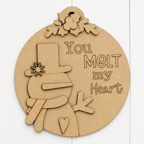 NO913 - MDF You Melt My Heart Snowman Round Christmas Ornament - Olifantjie - Wooden - MDF - Lasercut - Blank - Craft - Kit - Mixed Media - UK