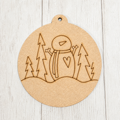 NO894 - MDF 2 Sizes Christmas Hanging Bauble - Engraved Christmas - Winter Snowman Scene - Olifantjie - Wooden - MDF - Lasercut - Blank - Craft - Kit - Mixed Media - UK