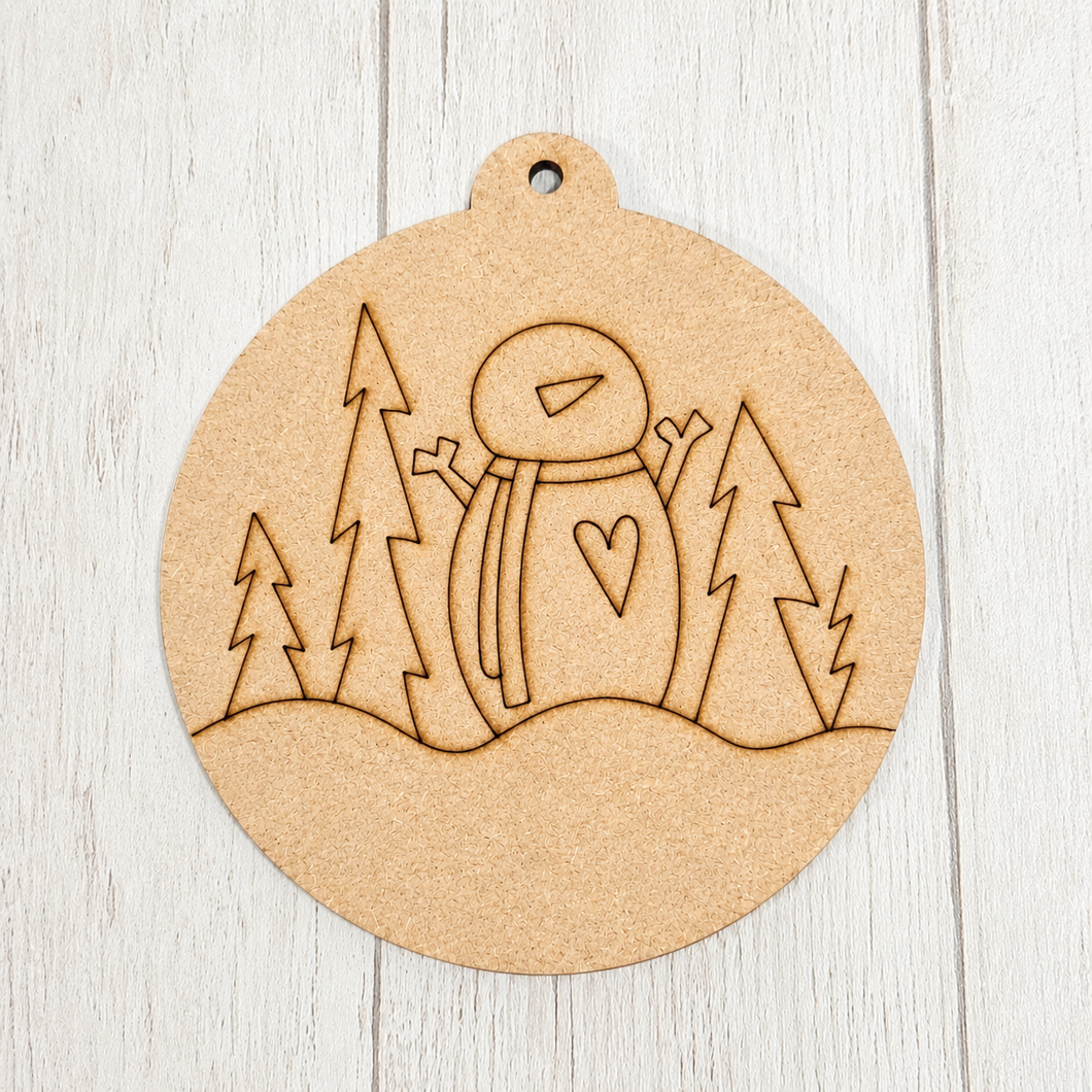 NO894 - MDF 2 Sizes  Christmas Hanging Bauble - Engraved Christmas - Winter Snowman Scene