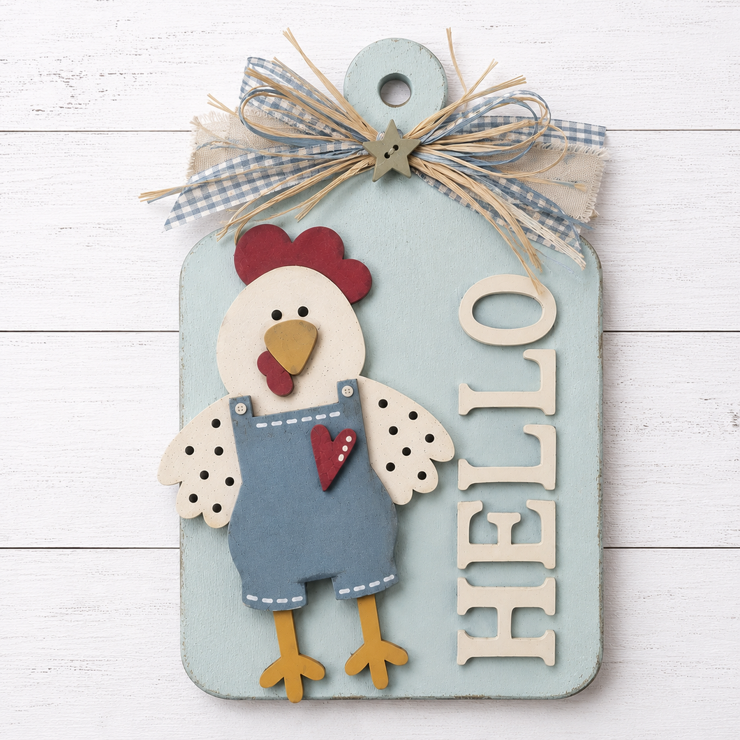 NO874 - MDF Hello Chicken Chopping Board Tag - Olifantjie - Wooden - MDF - Lasercut - Blank - Craft - Kit - Mixed Media - UK