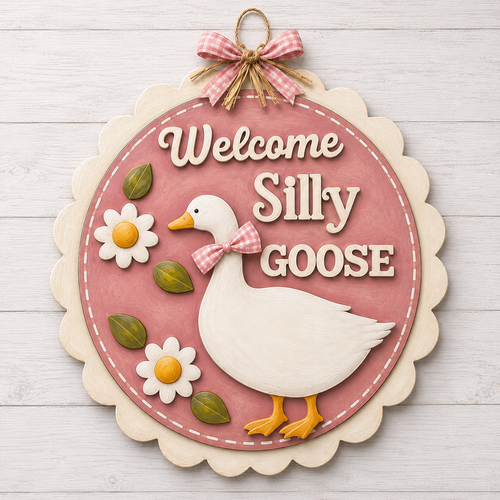 NO866 - Mdf 'Silly Goose' Scalloped Edge Circle Hanging Plaque - Olifantjie - Wooden - MDF - Lasercut - Blank - Craft - Kit - Mixed Media - UK