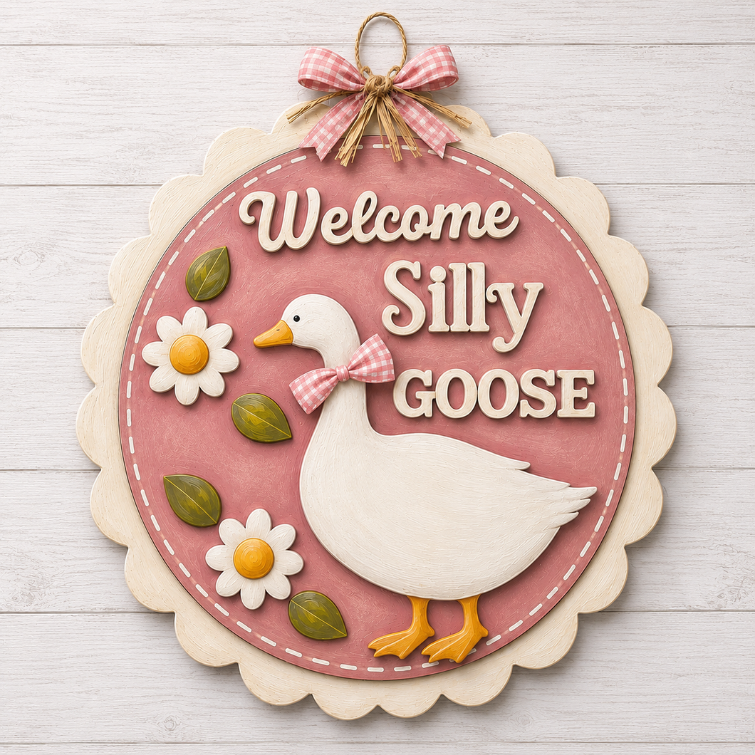 NO866 - Mdf 'Silly Goose' Scalloped Edge Circle Hanging Plaque - Olifantjie - Wooden - MDF - Lasercut - Blank - Craft - Kit - Mixed Media - UK
