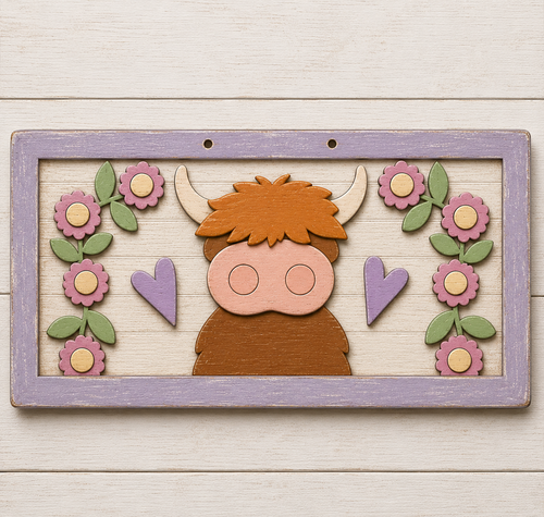 NO870 - MDF Highland Cow Flower Hanging - Olifantjie - Wooden - MDF - Lasercut - Blank - Craft - Kit - Mixed Media - UK