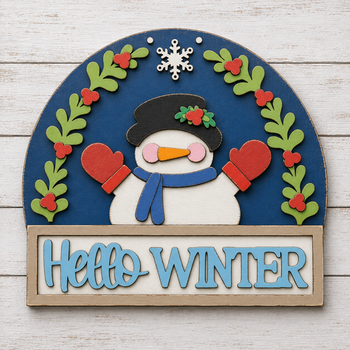 NO760 - MDF Large Snowman Hello Winter Hanging Plaque - Olifantjie - Wooden - MDF - Lasercut - Blank - Craft - Kit - Mixed Media - UK