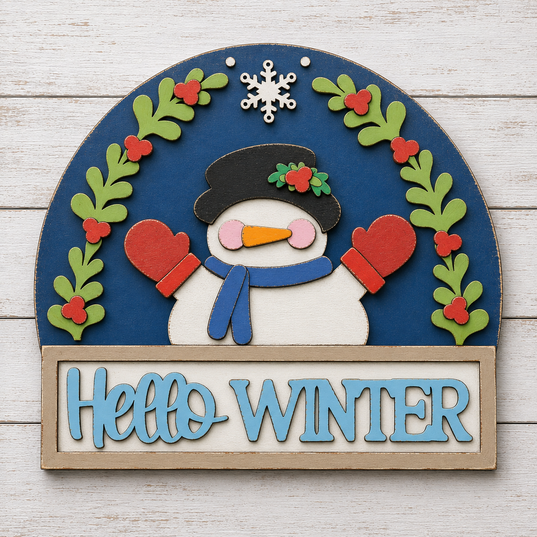 NO760 - MDF Large Snowman Hello Winter Hanging Plaque - Olifantjie - Wooden - MDF - Lasercut - Blank - Craft - Kit - Mixed Media - UK