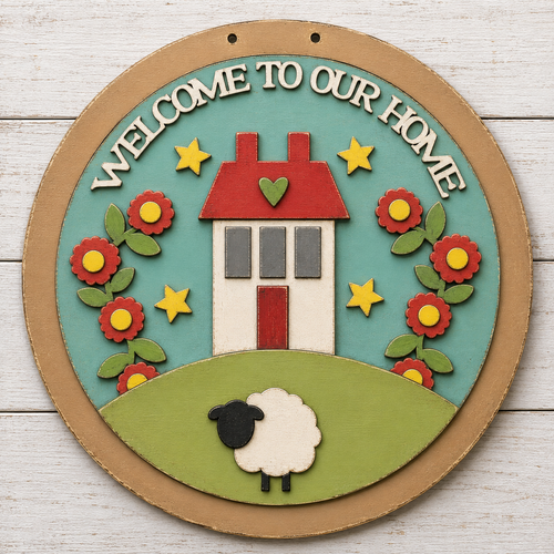 NO768 - MDF Round Welcome to our home House Sheep Hanging Plaque - Olifantjie - Wooden - MDF - Lasercut - Blank - Craft - Kit - Mixed Media - UK