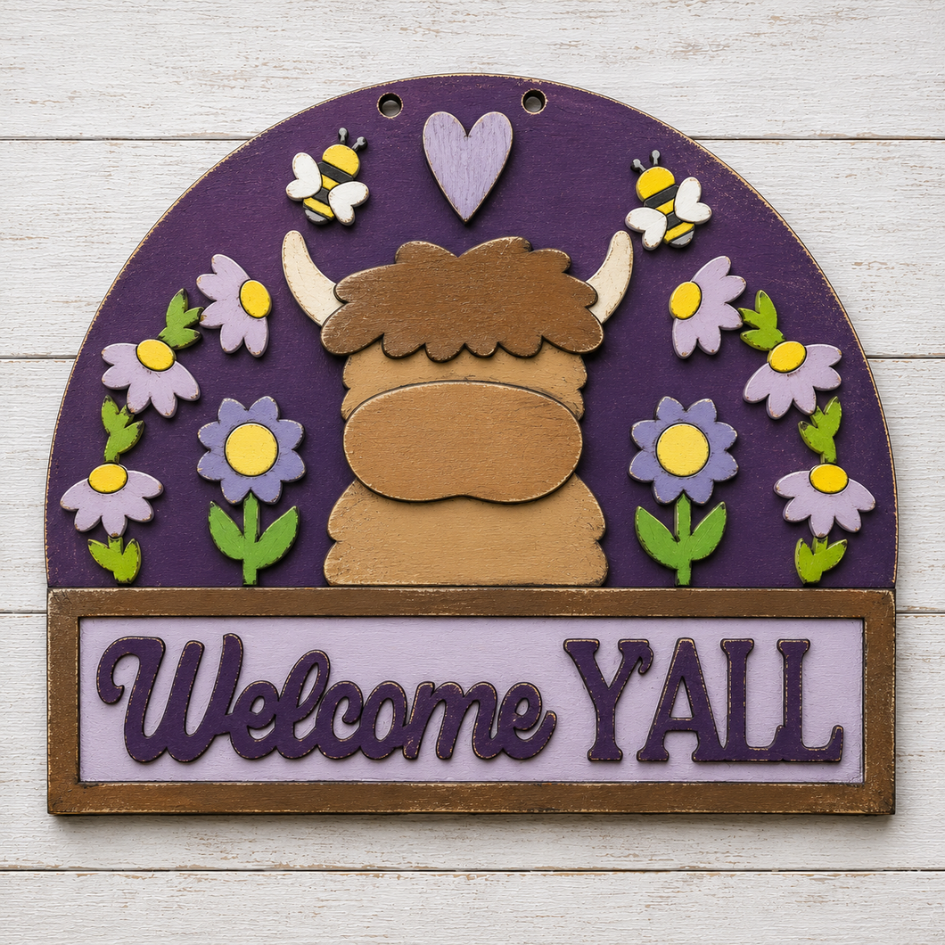 NO767 - MDF Highland Cow Welcome Yall Hanging Plaque - Olifantjie - Wooden - MDF - Lasercut - Blank - Craft - Kit - Mixed Media - UK