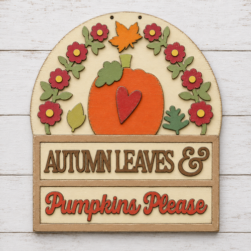 NO765 - MDF Large Autumn Leaves Pumpkins Please Hanging Plaque - Olifantjie - Wooden - MDF - Lasercut - Blank - Craft - Kit - Mixed Media - UK