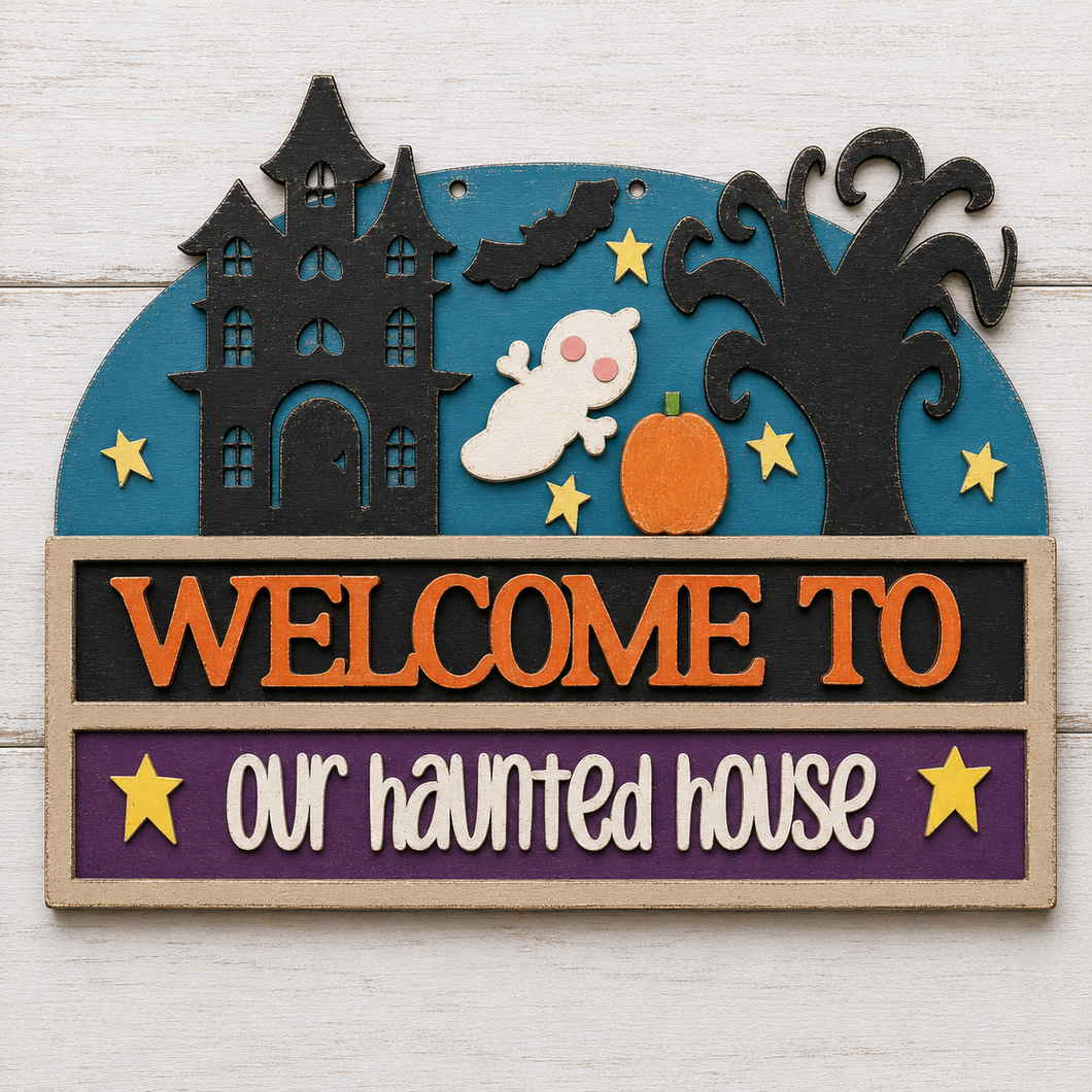 NO759 - MDF Large Welcome Haunted House Halloween Hanging Plaque - Olifantjie - Wooden - MDF - Lasercut - Blank - Craft - Kit - Mixed Media - UK