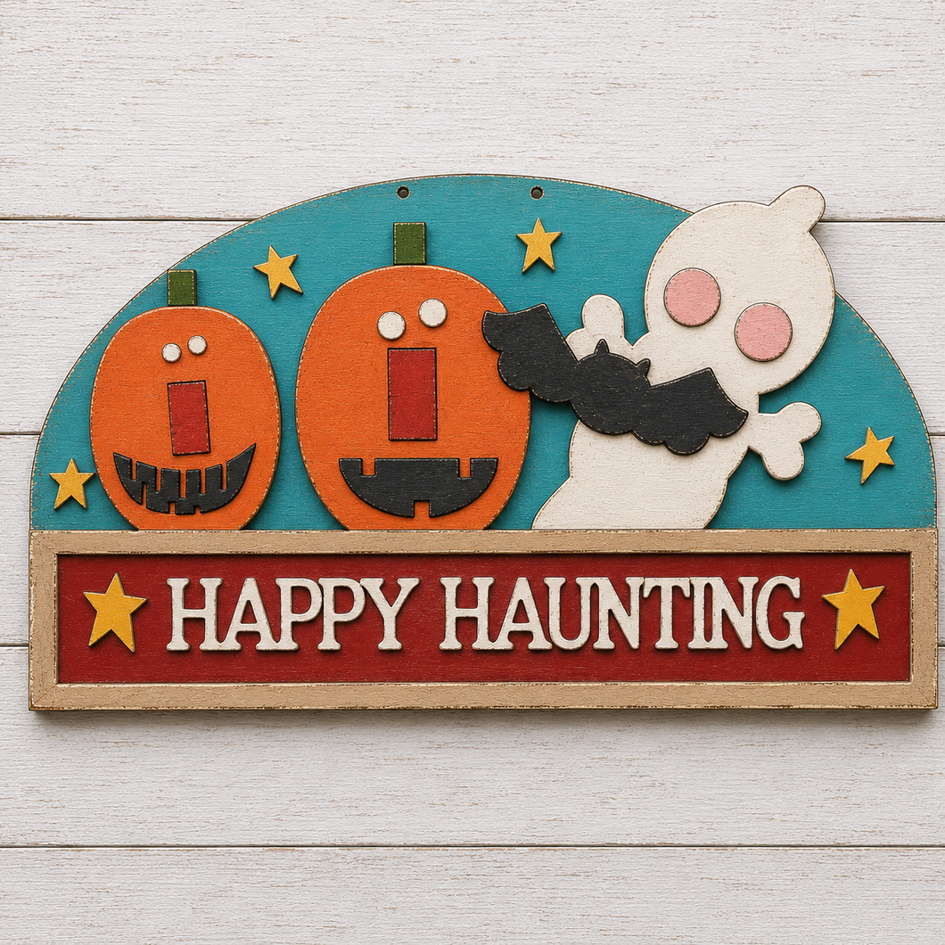 NO758 - MDF Large Happy Hauntings Ghost Pumpkin Hanging Plaque - Olifantjie - Wooden - MDF - Lasercut - Blank - Craft - Kit - Mixed Media - UK