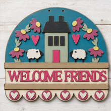 NO756 - MDF Large Welcome Friends House Sheep Flower Hanging Plaque - Olifantjie - Wooden - MDF - Lasercut - Blank - Craft - Kit - Mixed Media - UK