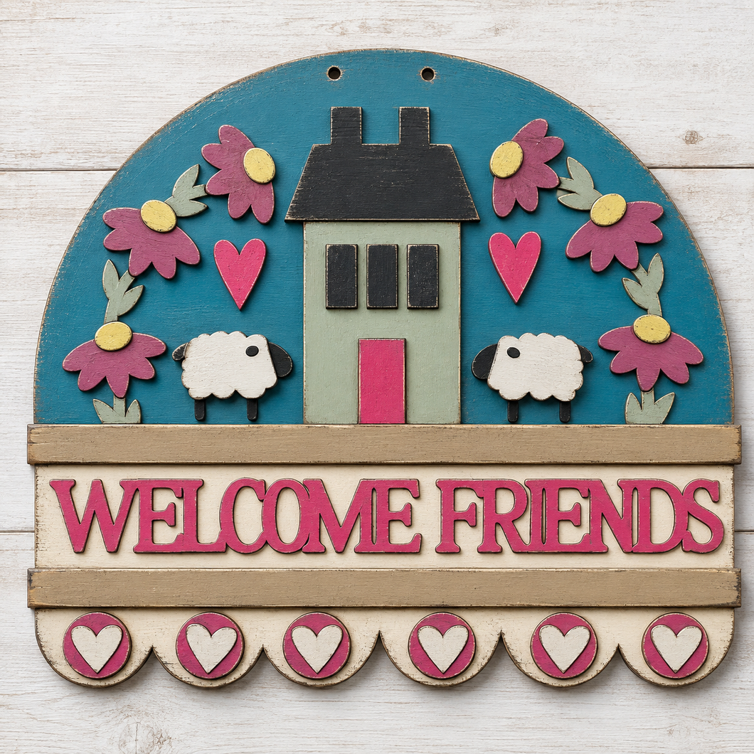 NO756 - MDF Large Welcome Friends House Sheep Flower Hanging Plaque - Olifantjie - Wooden - MDF - Lasercut - Blank - Craft - Kit - Mixed Media - UK