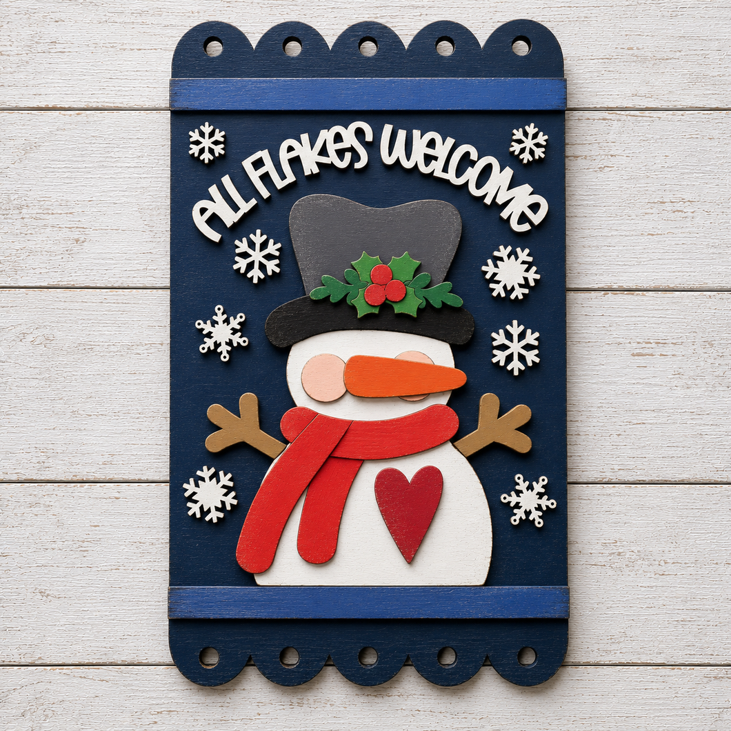 NO778 - MDF Large Snow Flakes Welcome Snowman Style Hanging Plaque - Olifantjie - Wooden - MDF - Lasercut - Blank - Craft - Kit - Mixed Media - UK