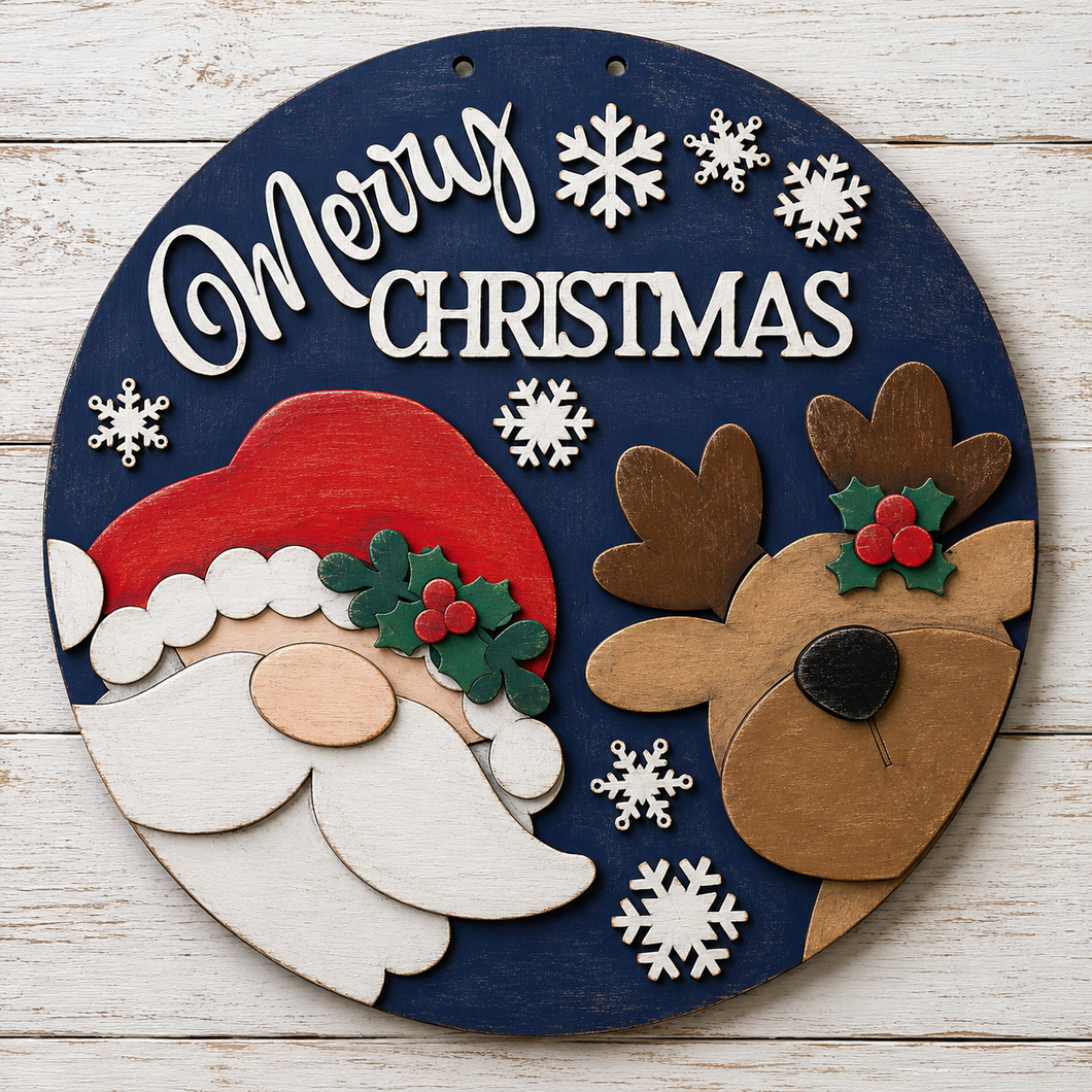 NO771 - MDF Round Merry Christmas Santa Rudolph Reindeer Hanging Plaque - Olifantjie - Wooden - MDF - Lasercut - Blank - Craft - Kit - Mixed Media - UK