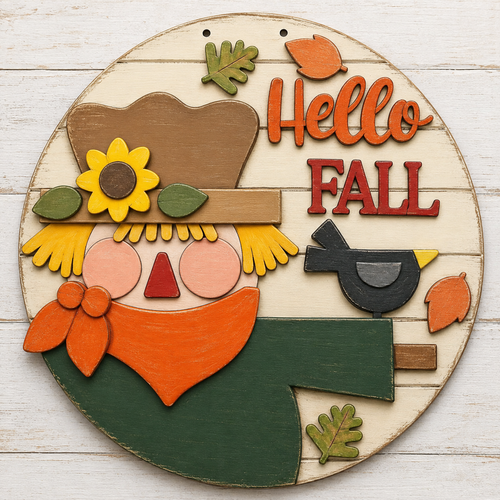 NO773 - MDF Round Hello Fall Scarecrow Hanging Plaque - Olifantjie - Wooden - MDF - Lasercut - Blank - Craft - Kit - Mixed Media - UK