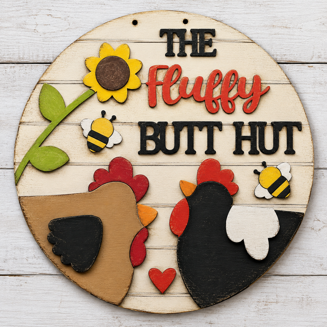 NO774 - MDF Round The Fluffy But Hut Hanging Plaque - Olifantjie - Wooden - MDF - Lasercut - Blank - Craft - Kit - Mixed Media - UK