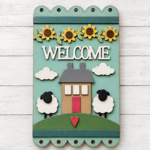 NO779 - MDF Large House Sheep Sunflower Welcome Style Hanging Plaque - Olifantjie - Wooden - MDF - Lasercut - Blank - Craft - Kit - Mixed Media - UK