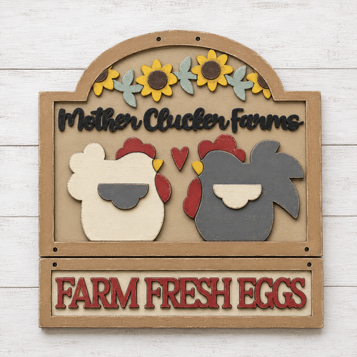 NO782 - MDF Mother Clucker Rooster Farm Fresh Eggs Hanging Plaque - Olifantjie - Wooden - MDF - Lasercut - Blank - Craft - Kit - Mixed Media - UK