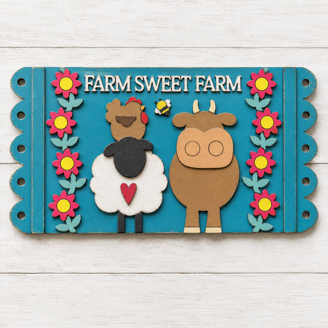 NO780 - MDF Large House Sheep Cow Farm Flower Welcome Style Hanging Plaque - Olifantjie - Wooden - MDF - Lasercut - Blank - Craft - Kit - Mixed Media - UK