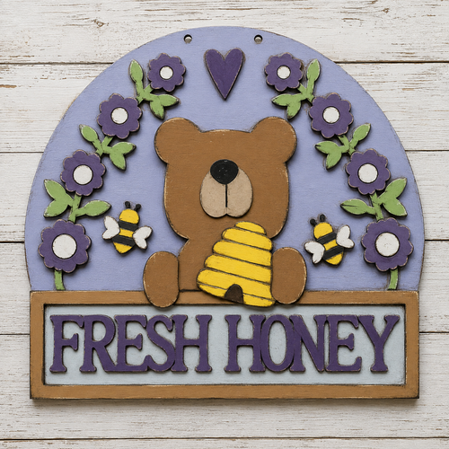 NO764 - MDF Large Bear Bee Fresh Honey Hanging Plaque - Olifantjie - Wooden - MDF - Lasercut - Blank - Craft - Kit - Mixed Media - UK