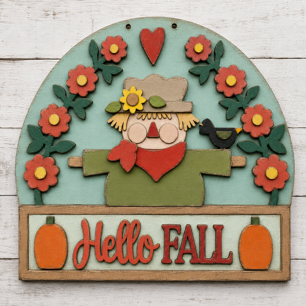 NO763 - MDF Large Scarecrow Hello Fall Hanging Plaque - Olifantjie - Wooden - MDF - Lasercut - Blank - Craft - Kit - Mixed Media - UK