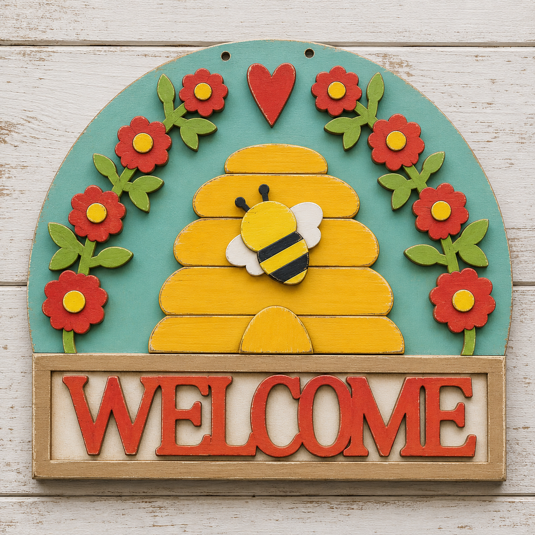 NO762 - MDF Large Bee Hive Welcome Honey Hanging Plaque - Olifantjie - Wooden - MDF - Lasercut - Blank - Craft - Kit - Mixed Media - UK