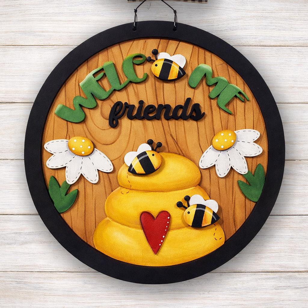NO655 - MDF Large Bee Welcome Friends Round Hanging - Olifantjie - Wooden - MDF - Lasercut - Blank - Craft - Kit - Mixed Media - UK