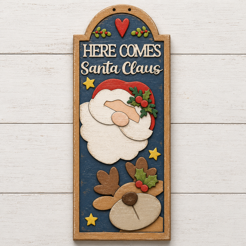 NO797 - MDF Here Comes Santa Claus Hanging Plaque - Olifantjie - Wooden - MDF - Lasercut - Blank - Craft - Kit - Mixed Media - UK