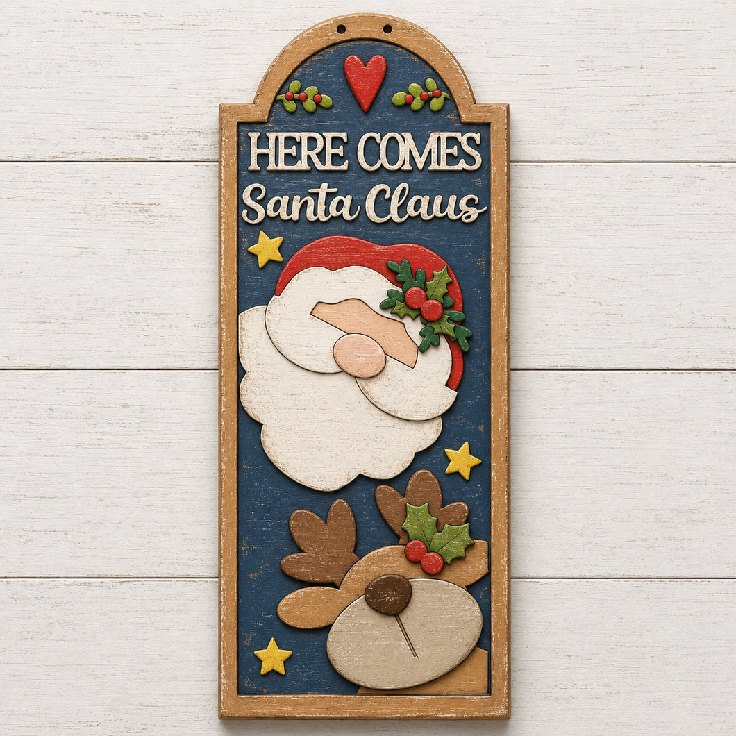 NO797 - MDF Here Comes Santa Claus Hanging Plaque - Olifantjie - Wooden - MDF - Lasercut - Blank - Craft - Kit - Mixed Media - UK