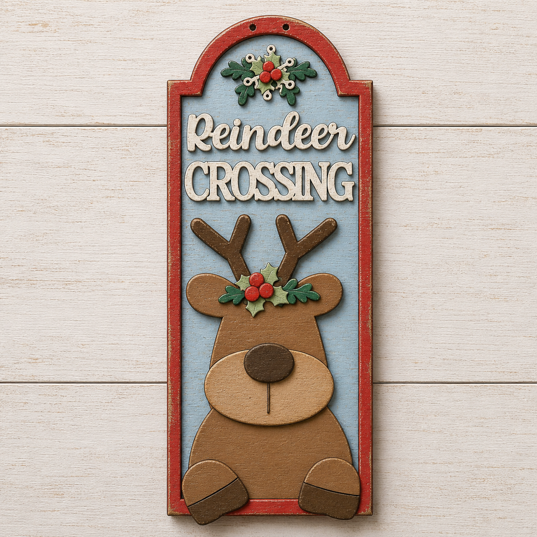 NO795 - MDF All Reindeer Crossing Hanging Plaque - Olifantjie - Wooden - MDF - Lasercut - Blank - Craft - Kit - Mixed Media - UK
