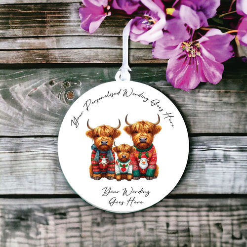 UV884 - Acrylic and UVDTF Personalised Round Hanging  - Highland Cow 18 - Olifantjie - Wooden - MDF - Lasercut - Blank - Craft - Kit - Mixed Media - UK