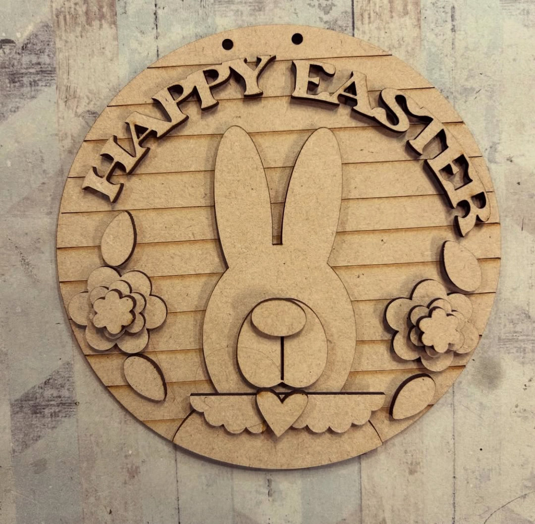 NO547 - MDF 15cm Happy Easter Bunny Sign - Olifantjie - Wooden - MDF - Lasercut - Blank - Craft - Kit - Mixed Media - UK