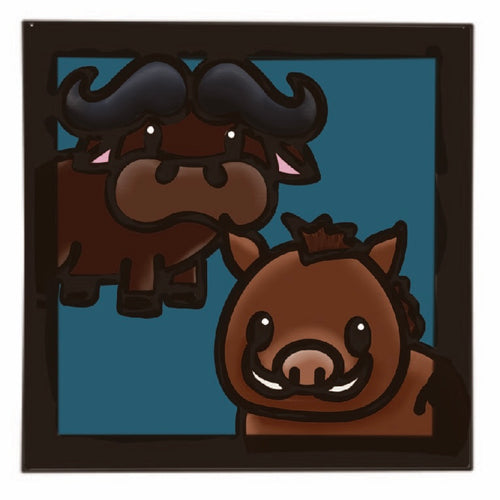 OL4520 - MDF Ladder Insert Tile - Doodle Cute Buffalo and Warthog - Olifantjie - Wooden - MDF - Lasercut - Blank - Craft - Kit - Mixed Media - UK