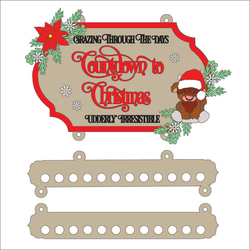 OL3751 - MDF Highland Cow Candy Cane Farmhouse Christmas Countdown Hanging Plaque - Olifantjie - Wooden - MDF - Lasercut - Blank - Craft - Kit - Mixed Media - UK