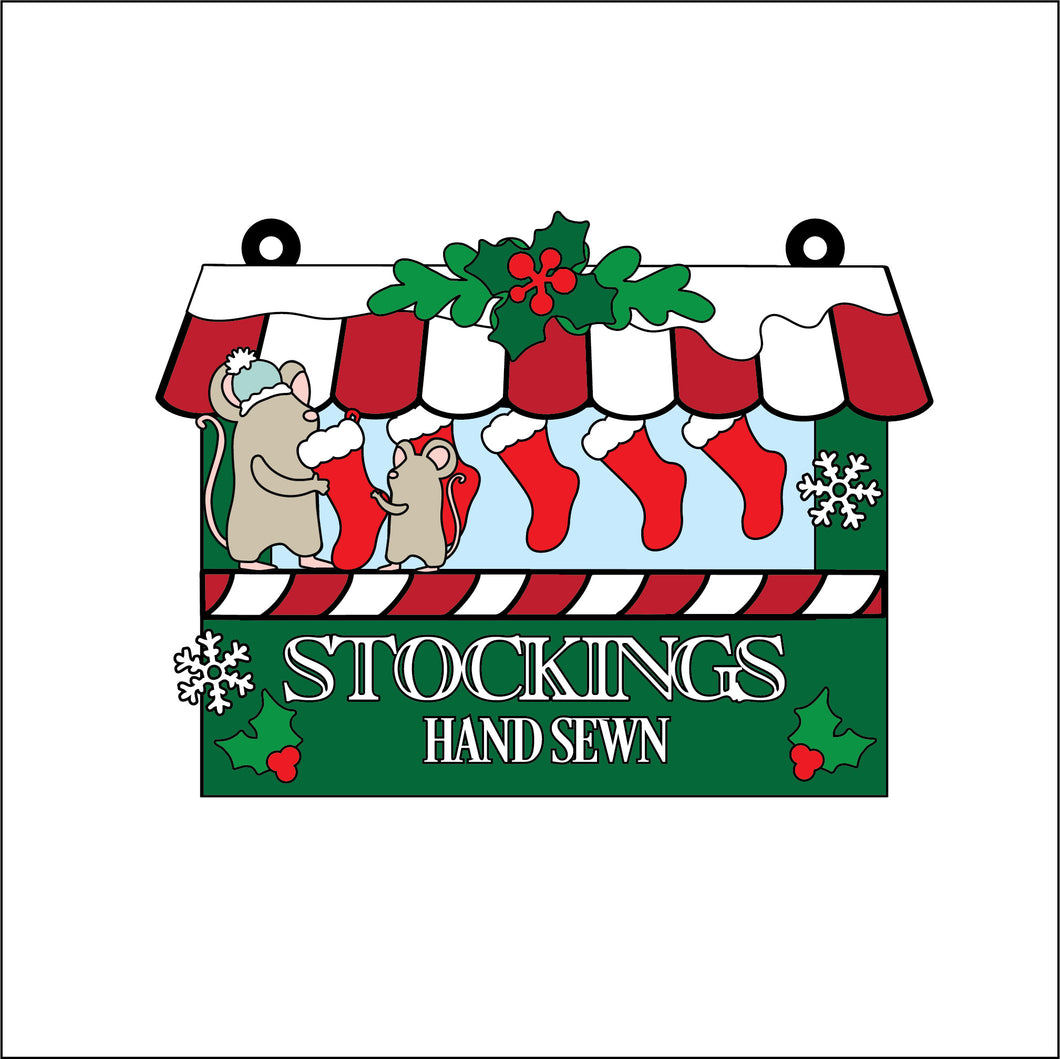 OL5235 - MDF Hanging Christmas Market Stall - Mice Stockings - Olifantjie - Wooden - MDF - Lasercut - Blank - Craft - Kit - Mixed Media - UK