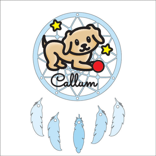 DC123 - MDF Doodle Dream Catcher - with Initial or Wording - Pet - Puppy Dog - Olifantjie - Wooden - MDF - Lasercut - Blank - Craft - Kit - Mixed Media - UK