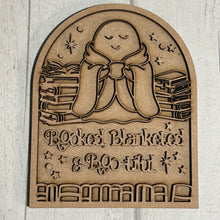 OL6152 - MDF Arched Themed Personalised Book Shelf Plaque with optional stand - Blanket Ghost Books = 5 wording choices